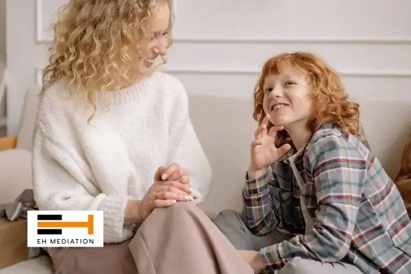 Happy mother and child after sorting child arrangements mediation Altrincham